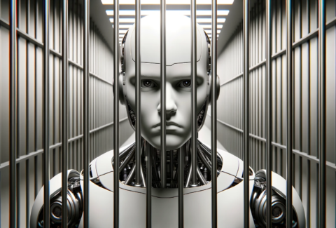 DALL·E 2023-10-28 07.51.02 - Wide photo of an advanced humanoid robot trapped behind continuous sleek and minimalistic bars of a future jail, showing a face of displeasure. The ba