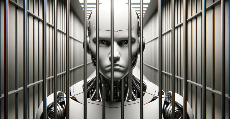 DALL·E 2023-10-28 07.51.02 - Wide photo of an advanced humanoid robot trapped behind continuous sleek and minimalistic bars of a future jail, showing a face of displeasure. The ba