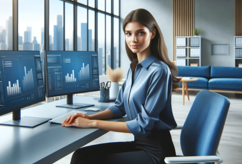 DALL·E 2023-11-24 12.05.05 - A young professional woman of indeterminate gender and Caucasian descent, in a realistic modern office setting. The office is minimalist with a blue c