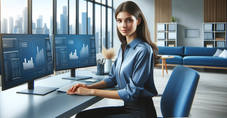 DALL·E 2023-11-24 12.05.05 - A young professional woman of indeterminate gender and Caucasian descent, in a realistic modern office setting. The office is minimalist with a blue c