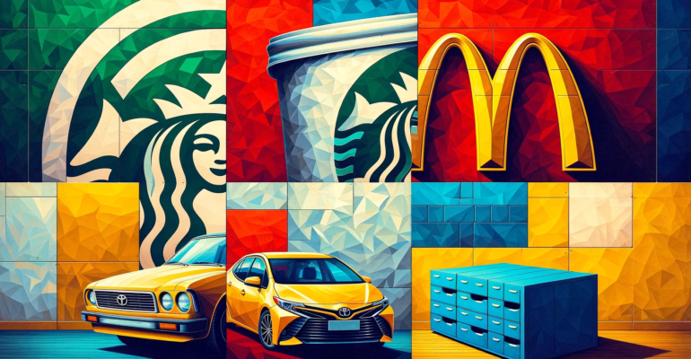 DALL·E 2024-01-15 09.01.42 - An artistic, high-quality, horizontal image featuring four distinct sections, each representing a famous brand. The first section shows a stylized gre