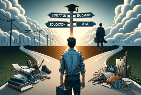 DALL·E 2024-02-05 13.54.27 - Create a professional horizontal image in the style of a graphic novel, depicting a young adult at a crossroads, facing the difficult decision between