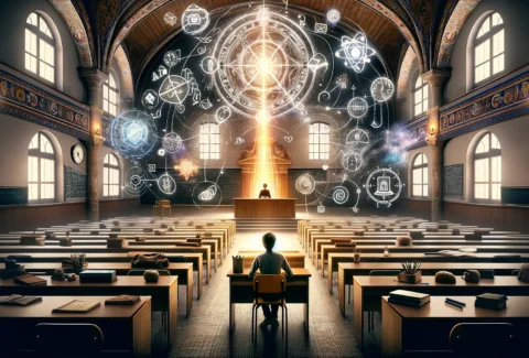 DALL·E 2024-02-08 12.49.26 - Una imagen que captura la esencia de la educación, mostrando una sala de clases tradicional a la izquierda, con sus pupitres y pizarra, y un aura mági
