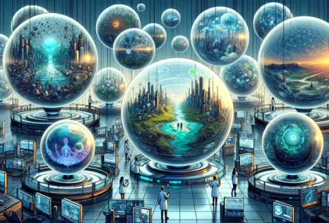 DALL·E 2024-02-19 14.29.15 - A series of crystal balls floating in a futuristic laboratory, each containing a different simulation of world scenarios. Inside the spheres, we see d