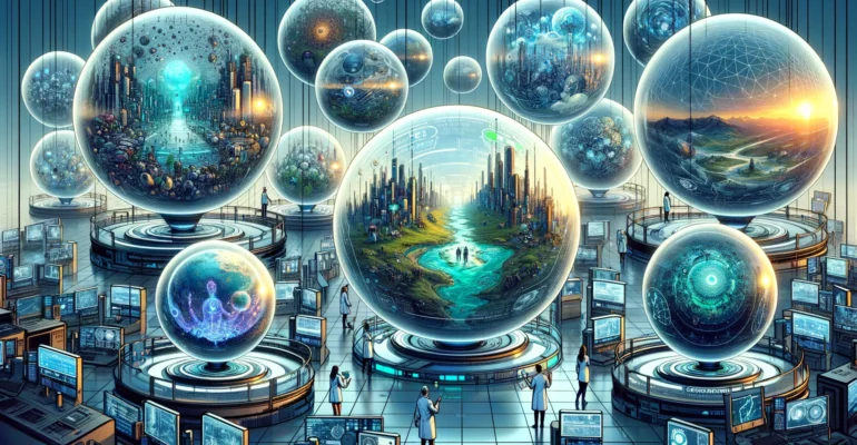 DALL·E 2024-02-19 14.29.15 - A series of crystal balls floating in a futuristic laboratory, each containing a different simulation of world scenarios. Inside the spheres, we see d