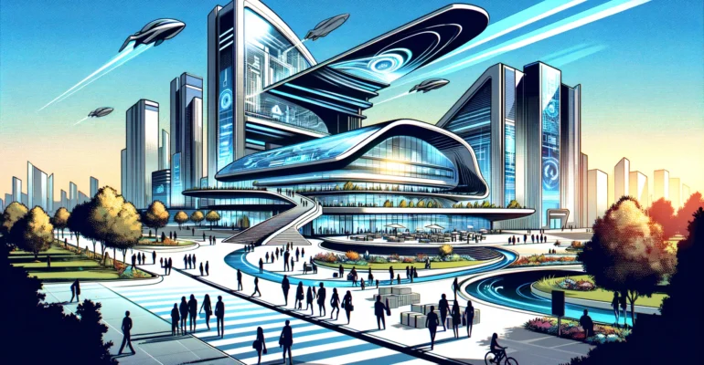 DALL·E 2024-04-13 12.31.18 - A futuristic university depicted in the style of a high-quality graphic novel. The image features bold, dynamic lines and a high-contrast color palett