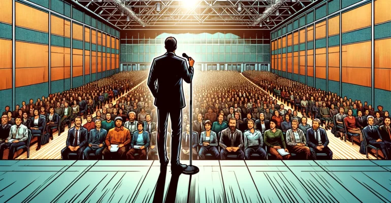 DALL·E 2024-04-16 20.21.13 - A high-quality graphic novel style illustration of a person from the back, waist up, standing on a stage speaking to a full amphitheater of people. Th