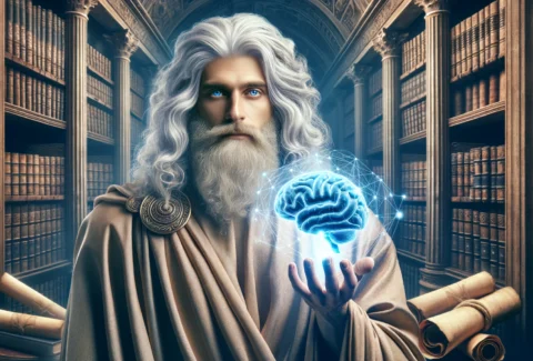 DALL·E 2024-04-28 13.34.12 - A high-quality, horizontal image of an ancient Greek philosopher with long white hair and beard, holding a digital brain in his hand. The philosopher