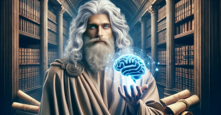 DALL·E 2024-04-28 13.34.12 - A high-quality, horizontal image of an ancient Greek philosopher with long white hair and beard, holding a digital brain in his hand. The philosopher