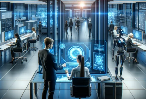 DALL·E 2024-05-29 10.45.50 - A high-quality, horizontal image depicting a woman and a man working with futuristic technologies inside a business setting. The scene includes hologr