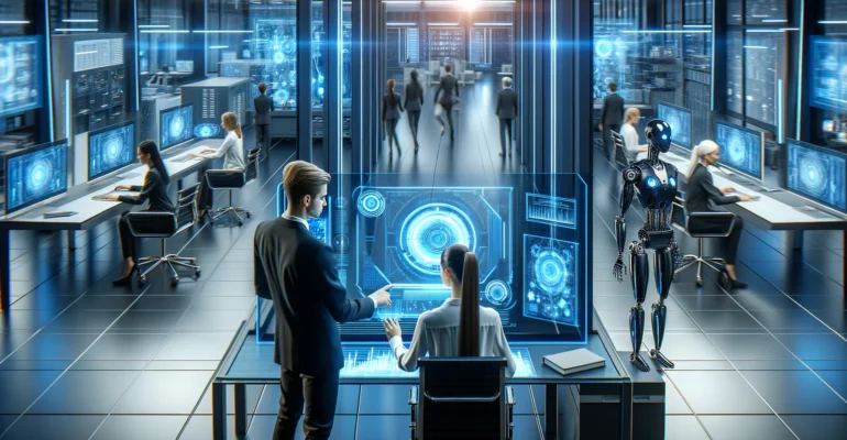 DALL·E 2024-05-29 10.45.50 - A high-quality, horizontal image depicting a woman and a man working with futuristic technologies inside a business setting. The scene includes hologr