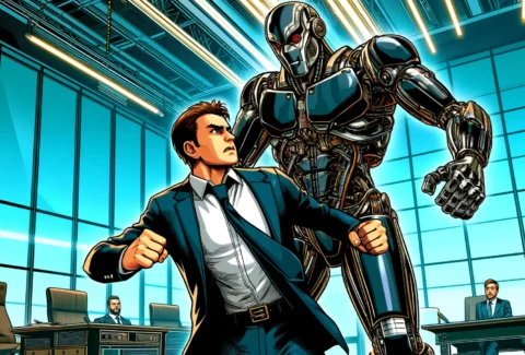 DALL·E 2024-05-31 11.31.07 - A high-quality graphic novel style horizontal image depicting a male CEO in a suit struggling with a super modern humanoid robot. The scene is intense