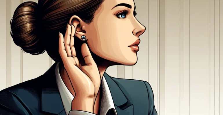 DALL·E 2024-06-01 08.12.07 - A high-quality graphic novel style image of a female CEO. The scene is a close-up, side profile of her face. She has her hand cupped behind her ear as