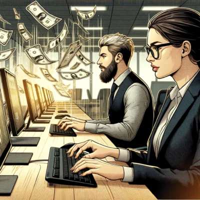 DALL·E 2024-06-03 20.57.08 - A high-quality graphic novel style image of a professional woman and man sitting at their computers, typing. From their computers, money is flying out