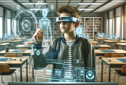 DALL·E 2024-06-05 13.49.15 - A single student in a futuristic classroom in the year 2050. The student is using a holographic display and wearing augmented reality glasses. The env