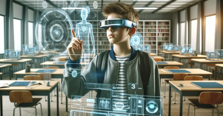 DALL·E 2024-06-05 13.49.15 - A single student in a futuristic classroom in the year 2050. The student is using a holographic display and wearing augmented reality glasses. The env