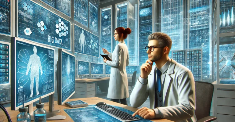 DALL·E 2024-06-27 08.37.54 - A high-quality graphic novel style scene featuring a male scientist and a female scientist in a computer lab analyzing big data. The lab is filled wit