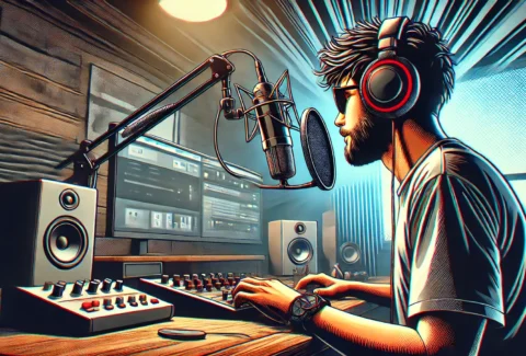 DALL·E 2024-07-16 09.21.51 - A high-quality graphic novel style image of a YouTuber recording their podcast. The YouTuber is in a modern studio with a microphone, headphones, a co