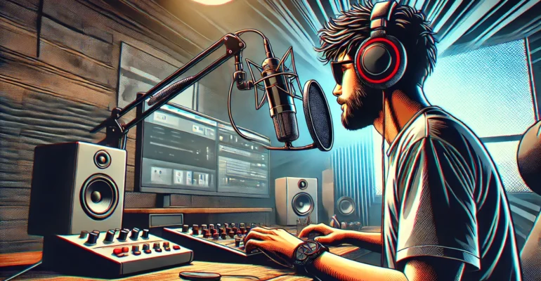 DALL·E 2024-07-16 09.21.51 - A high-quality graphic novel style image of a YouTuber recording their podcast. The YouTuber is in a modern studio with a microphone, headphones, a co