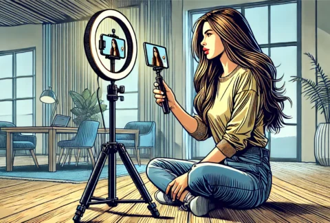 DALL·E 2024-07-22 06.48.13 - A high-quality graphic novel style illustration of a woman sitting and recording herself using a mobile phone on a tripod with a ring light. The setti