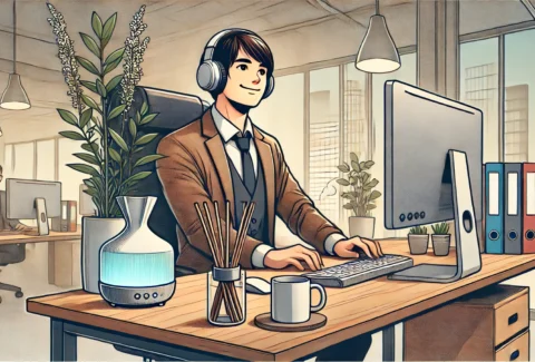 DALL·E 2024-08-07 15.22.52 - A young employee working at a standing desk, wearing headphones, looking happy. The desk has a diffuser, a plant, and a coffee mug on it. The scene is