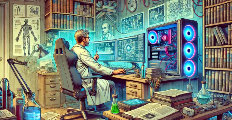 DALL·E 2024-09-03 15.11.48 - A high-quality graphic novel style illustration depicting a researcher using a gaming computer. The scene shows a researcher in a modern, cluttered st