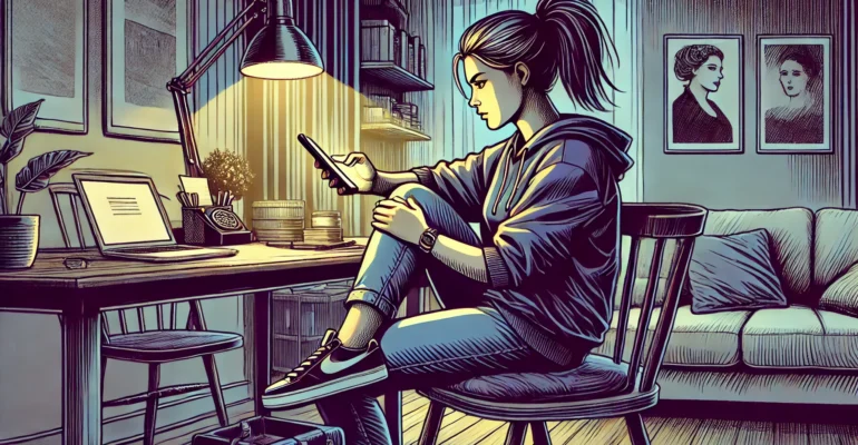 DALL·E 2024-09-09 14.18.41 - A woman is sitting on a chair, writing on her mobile phone. The scene is illustrated in graphic novel style with bold lines and dramatic shading. The